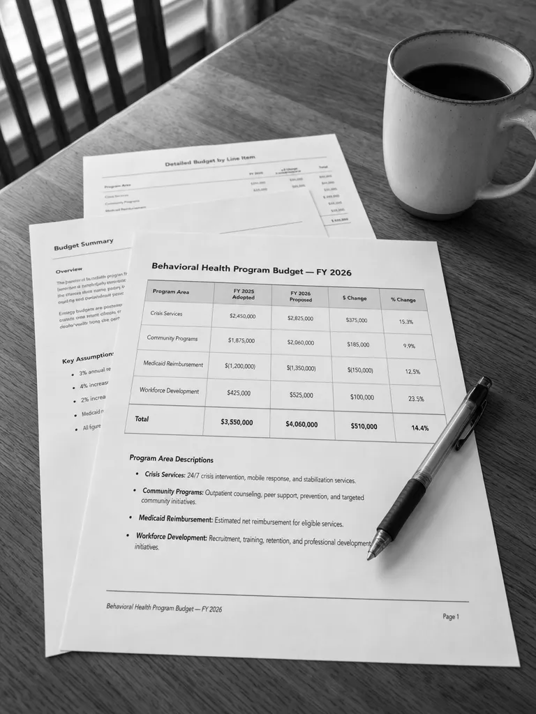Black-and-white documentary photograph — a behavioral health program budget for FY 2026 lying on a wooden table with a pen and a cup of coffee, program lines for crisis services, community programs, Medicaid reimbursement, and workforce development. The specific work of policy reform.